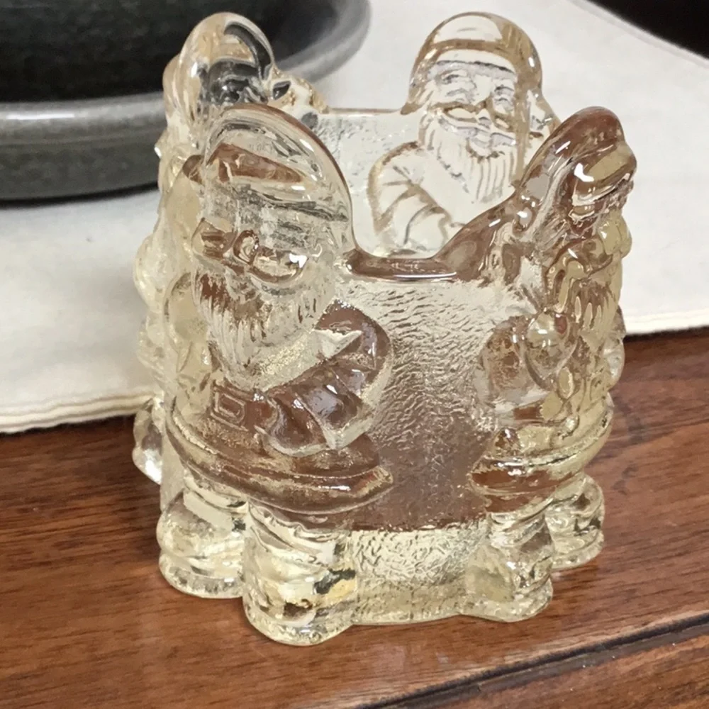 HEAVY vintage light yellow cut glass Santa votive candle holder.